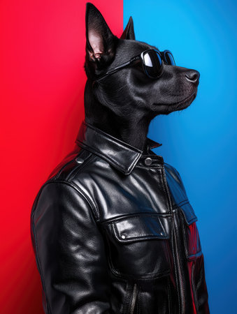 Cool black dog wearing sunglasses and leather jacketの素材