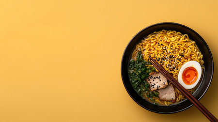 Delicious ramen noodles with egg and pork in a black bowlの素材