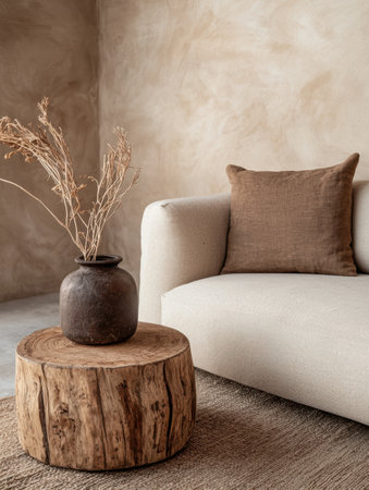 Modern minimalist living room interior with beige sofa and wooden coffee tableの素材