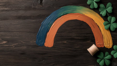Painted rainbow with shamrocks on dark wooden backgroundの素材