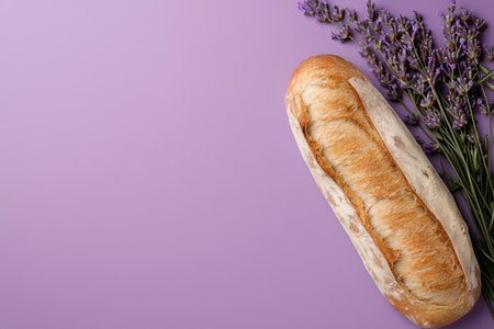 Freshly baked bread and lavender flowers on purple backgroundの素材