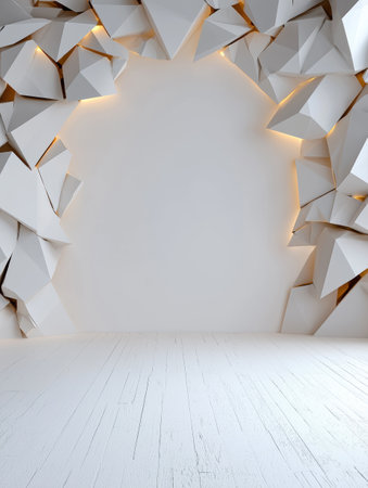Abstract white polygonal background with glowing edges and white wooden floorの素材