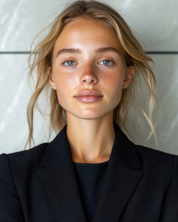 Portrait of a young woman with freckles wearing a black blazerの素材