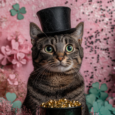 Adorable tabby cat wearing a top hat with gold coinsの素材