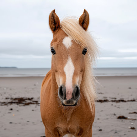 Close-up portrait of a palomino pony on the beachの素材