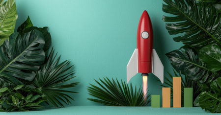 Red rocket launching among tropical plants and bar chart, business growth conceptの素材