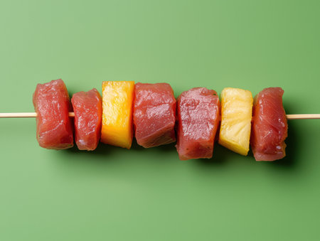 Raw tuna and pineapple skewers on green backgroundの素材