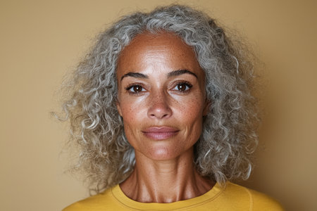Portrait of a smiling woman with gray curly hairの素材