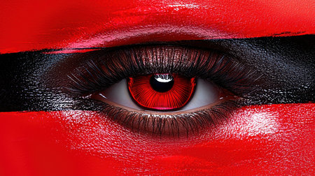 Close-up of a stylized eye with red and black makeupの素材