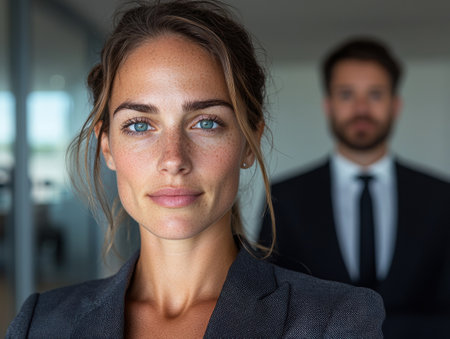 Confident businesswoman standing with a colleague in the backgroundの素材