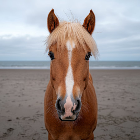 Close-up portrait of a chestnut horse on the beachの素材