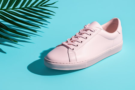 Pink sneakers on a blue background with palm leaf shadowの素材