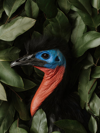 Close-up of a cassowary's head and neck surrounded by lush green leavesの素材