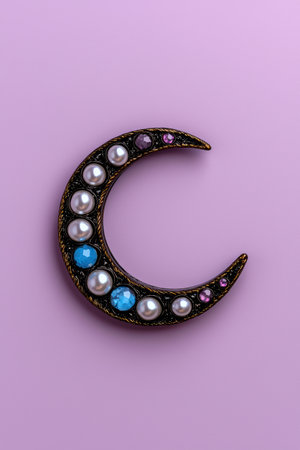 Crescent moon brooch with pearls and gemstones on purple backgroundの素材
