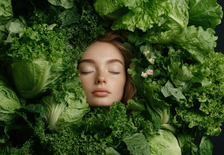 Woman surrounded by fresh green lettuce leavesの素材