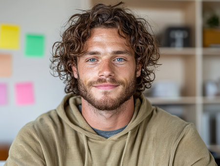 Portrait of a smiling man with curly hairの素材
