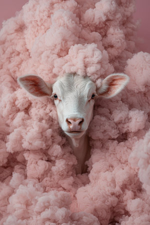 Cute white calf in pink smoke cloudの素材