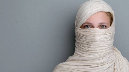 Woman's face partially covered with beige fabricの素材