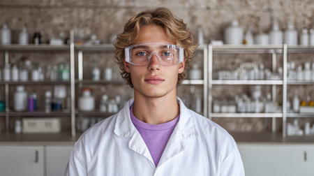 Young male scientist in lab coat and safety glassesの素材