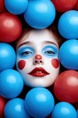 Close-up of a woman's face with clown makeup surrounded by colorful balloonsの素材