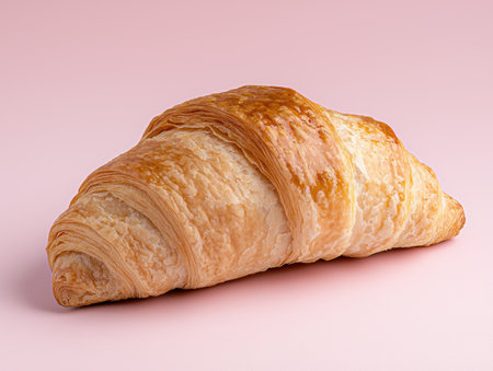 Golden brown croissant on pink backgroundの素材