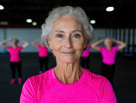 Portrait of a smiling senior woman in a pink shirt at a fitness classの素材