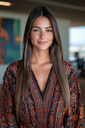 Portrait of a young woman with long brown hair smilingの素材