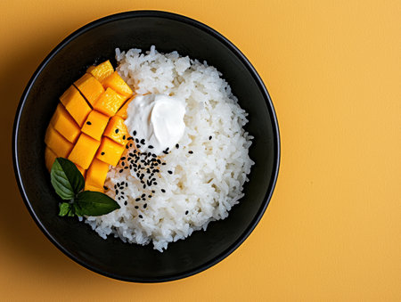 Mango sticky rice with coconut cream in a black bowlの素材