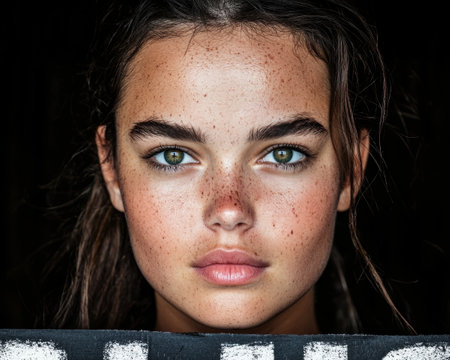 Close-up portrait of a young woman with freckles and green eyesの素材