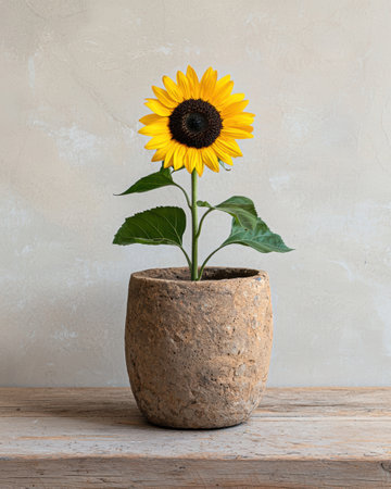 Single sunflower in a rustic pot on a wooden surfaceの素材