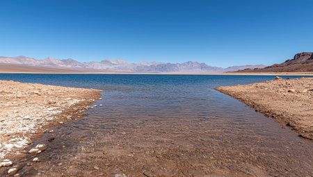 Tranquil lake in a desert landscape with mountains in the backgroundの素材