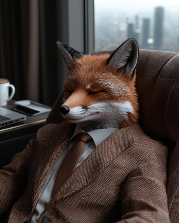 Business fox relaxing in an office chairの素材