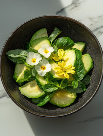 Delicious zucchini salad with edible flowers in a dark bowlの素材
