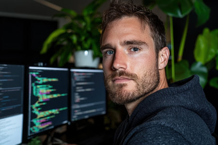 Focused programmer working late at night on his computerの素材