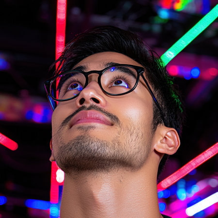 Young man looking up in a neon light settingの素材
