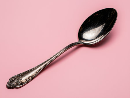 Elegant antique silver spoon on pink backgroundの素材