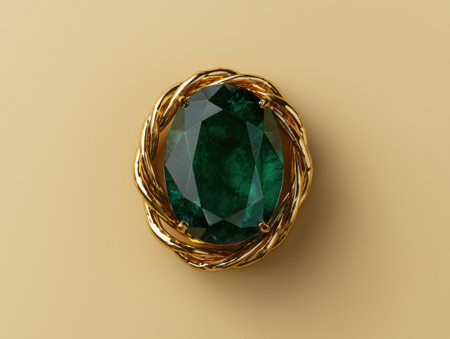 Oval green gemstone gold brooch on beige backgroundの素材