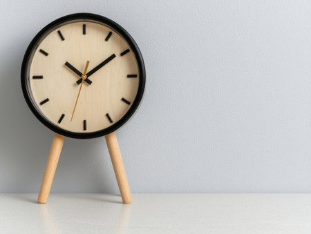 Modern minimalist clock on a table against a light grey wallの素材