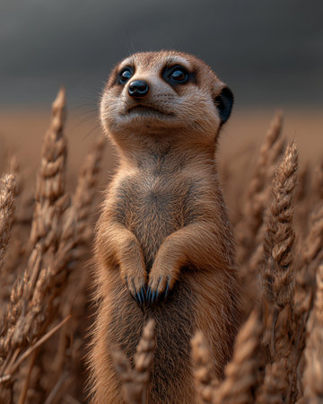 Meerkat standing tall in a field of wheatの素材