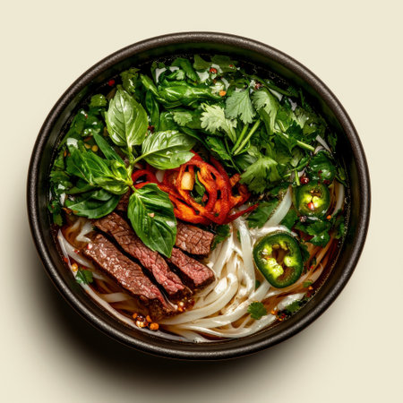 Overhead view of delicious beef pho with fresh herbs and chili peppersの素材