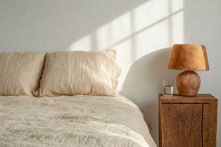 Beige linen bedding and rustic wooden bedside table with lamp in a minimalist bedroomの素材