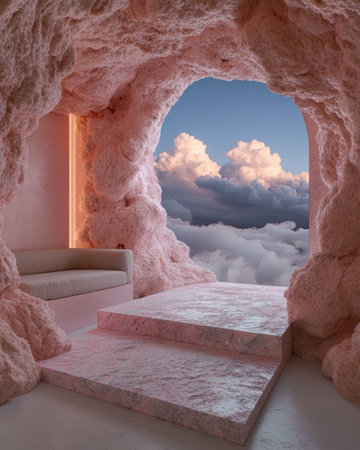 Pink cave interior design with cloud viewの素材
