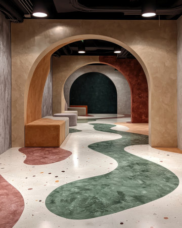 Abstract interior design with arches and colorful terrazzo floorの素材