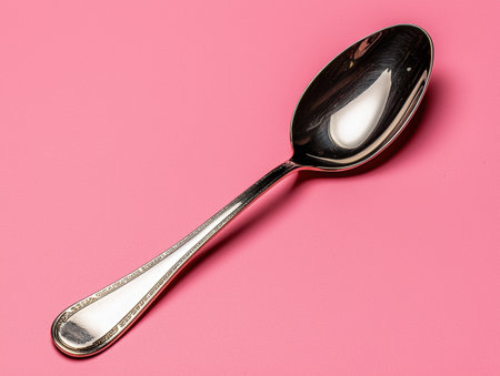 Silver spoon on pink backgroundの素材