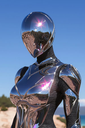 Futuristic chrome robot woman in a desert landscapeの素材