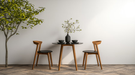 Minimalist dining room interior with wooden chairs and a round tableの素材