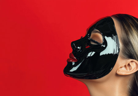 Woman with black bio cellulose face mask on red backgroundの素材