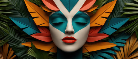 Surreal face art with tropical leaves and vibrant colorsの素材