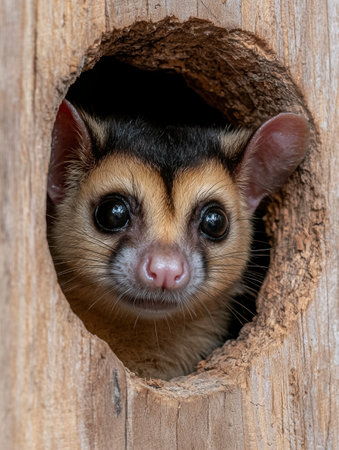 Adorable olingo peeking from a tree holeの素材