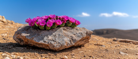 Pink cactus flowers blooming on a rock in the desertの素材
